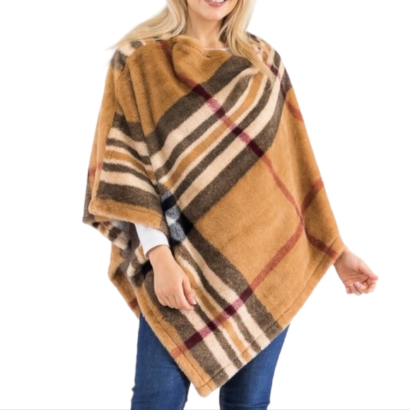 Tartan Plaid Tan Teddy Pullover Poncho OS - Picture 3 of 4
